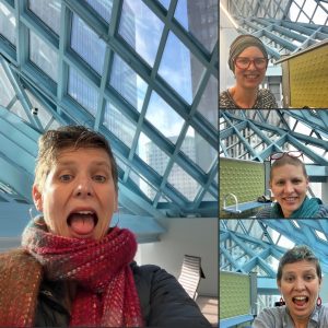 Four selfies of Krista with diagonal windows in the background